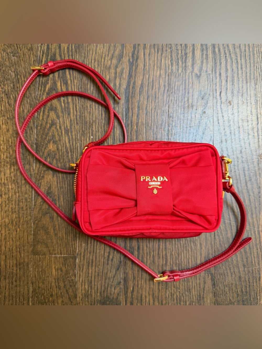 Authentic Prada Red Tessuto Nylon Bow Camera Crossbody Bag COA